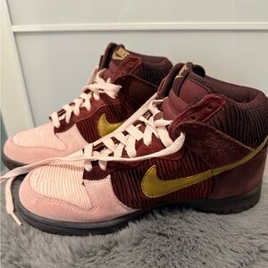Nike Burgundy and Pink High-Tops with Gold Swoosh
